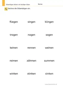 Arbeitsblatt: Silbenbögen malen bei Wörtern mit häufigen Silben - Leseübung für die 1. Klasse, Nr. 1