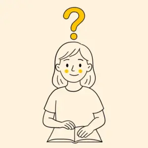 Frau mit Buch und Fragzeichen über dem Kopf