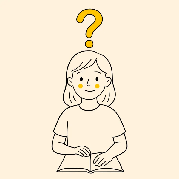 Frau mit Buch und Fragzeichen über dem Kopf