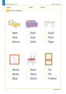 Familie & Zuhause – Arbeitsblatt „Wörter ankreuzen“ (1./2. Klasse): Zu Bildern von Bett, Sofa, Tisch, Bild, Stuhl und Tür das passende Wort ankreuzen.