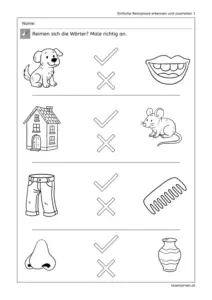 Arbeitsblatt „Einfache Reimpaare erkennen und ausmalen“: Bildpaare (Hund–Mund, Haus–Maus, Hose–Kamm, Nase–Vase) mit Häkchen/X zum Ankreuzen und Ausmalen.