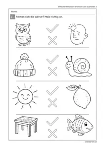 Arbeitsblatt „Einfache Reimpaare erkennen und ausmalen 2“: Bildpaare (Eule–Beule, Mütze–Schnecke, Sonne–Zitrone, Tisch–Fisch) mit ✓/✗ zum Ankreuzen und Ausmalen.