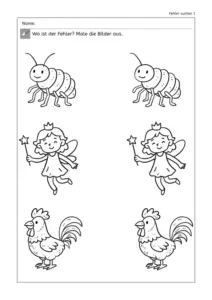 Arbeitsblatt „Fehler suchen 1“: Zwei fast gleiche Bilder pro Reihe (Insekt, Fee, Hahn). Kinder finden den Unterschied und malen die Bilder aus.