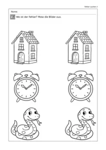 Arbeitsblatt „Fehler suchen 2“: Zwei ähnliche Bilder pro Reihe (Haus, Wecker, Schlange). Kinder finden den Unterschied und malen die Bilder aus.