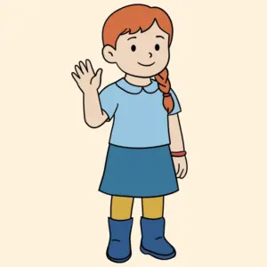 Illustration eines Mädchens mit roten Haaren und Zopf, das freundlich winkt.