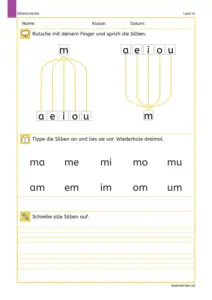 Arbeitsblatt „Silbenrutsche: Laut m“ mit Rutschen für ma–mu und am–um, Silbenliste zum Antippen/Lesen und Schreibzeilen.