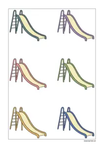 Vorlage mit sechs farbigen Silbenrutschen (Rutschen-Illustrationen) zum Eintragen von Buchstaben und Silben.