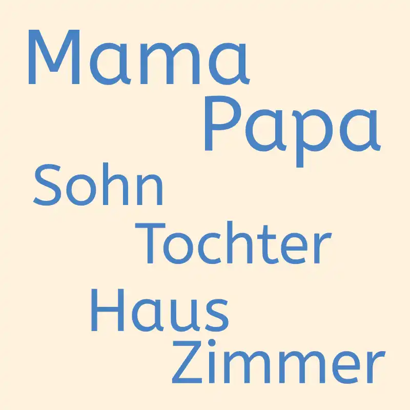 Mama, Papa, Sohn, Tochter, Haus, Zimmer stehen geschrieben