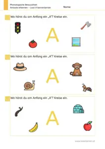 Arbeitsblatt „Anlaute erkennen – Laut A“: Kinder kreisen Bilder mit A am Wortanfang ein (Ampel, Axt, Affe, Ameise, Ast, Apfel).
