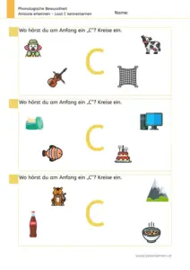 Arbeitsblatt „Anlaute erkennen – Laut C“: Kinder kreisen Bilder ein, deren Wort am Anfang mit C beginnt (z. B. Clown, Cello, Computer, Cola).