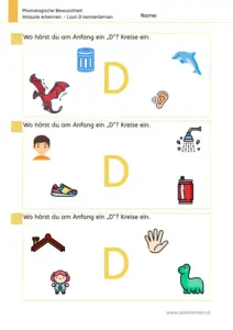 Arbeitsblatt „Anlaute erkennen – Laut D“: Kinder kreisen Bilder ein, deren Wort mit D beginnt (z. B. Delfin, Drache, Dose, Dusche, Dach, Dino).