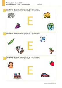 Arbeitsblatt „Anlaute erkennen – Laut E“: Kinder kreisen Bilder ein, deren Wort mit E beginnt (z. B. Elefant, Erde, Erbse, Ente, Erdbeere).