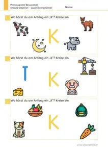 Arbeitsblatt „Anlaute erkennen – Laut K“: Kinder benennen Bilder und kreisen ein, was mit K beginnt (Kuh, Kamel, Käse, Kran, Katze, Karotte).