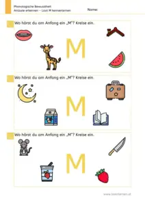Arbeitsblatt „Anlaute erkennen – Laut M“: Kinder benennen Bilder und kreisen ein, was mit M beginnt (z. B. Mund, Melone, Mond, Milch, Maus, Messer).