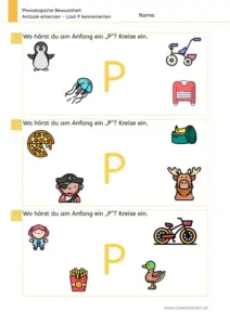 Arbeitsblatt „Anlaute erkennen – Laut P“: Kinder benennen die Bilder und kreisen alle Wörter mit P am Wortanfang ein (z. B. Pinguin, Pullover, Pizza, Pirat, Pommes).