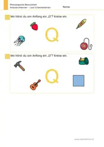 Arbeitsblatt „Anlaute erkennen – Laut Q“: Kinder benennen Bilder und kreisen ein, welche Wörter am Anfang Qu/Q haben (z. B. Qualle, Quadrat).