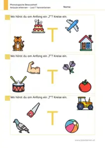 Arbeitsblatt „Anlaute erkennen – Laut T“: Kinder benennen Bilder und kreisen ein, was mit T beginnt (z. B. Torte, Tiger, Trommel, Tomate, Traktor, Taube).