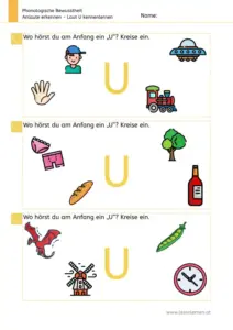 Arbeitsblatt „Anlaute erkennen – Laut U“: Kinder benennen die Bilder und kreisen ein, welche Wörter mit U am Anfang beginnen (z. B. UFO, Unterhose, Uhr).