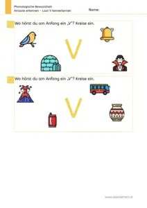 Arbeitsblatt „Anlaute erkennen – Laut V“: Kinder benennen Bilder und kreisen ein, was mit V beginnt (z. B. Vogel, Vampir, Vulkan, Vase).