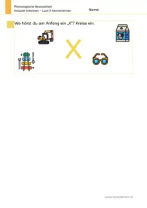 Arbeitsblatt „Anlaute erkennen – Laut X“: Kinder benennen die Bilder und kreisen ein, wo sie am Anfang ein X hören (z. B. Xylophon).