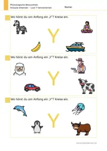 Arbeitsblatt „Anlaute erkennen – Laut Y“: Kinder benennen Bilder und kreisen ein, welche Wörter mit Y am Anfang beginnen (z. B. Yoga, Yacht, Yeti, Yak).