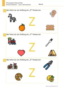 Arbeitsblatt „Anlaute erkennen – Laut Z“: Kinder benennen Bilder und kreisen ein, was mit Z beginnt (z. B. Zebra, Zaun, Zug, Zelt, Zange, Zitrone).