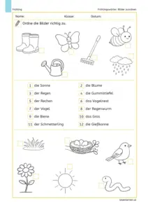 Arbeitsblatt „Frühlingswörter: Bilder zuordnen“: 12 Frühlingsbilder mit Kästchen werden passenden Wörtern (1–12) zugeordnet, z. B. Sonne, Regen, Blume, Gummistiefel, Schmetterling, Gießkanne.