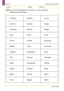 Arbeitsblatt „Blitzlesen Frühlingswörter“: Wort-Raster mit Frühlingswörtern (z. B. Frühling, blühen, warm, Garten, Vogel, Regen, April, Biene) zum schnellen wiederholten Lesen.