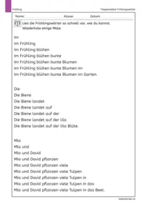 Arbeitsblatt „Treppensätze Frühlingswörter“: Drei Treppensätze, die Wort für Wort länger werden (Frühling/Blumen, Biene/Blüte, Mia & David/Tulpen) zum schnellen wiederholten Lesen.