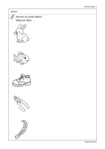 Arbeitsblatt „Reime finden 1“ – Bilder ansehen, Reimwort finden und ein Reimbild malen
