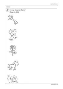 Arbeitsblatt „Reime finden 2“ – Bilder ansehen, Reimwort finden und ein Reimbild malen