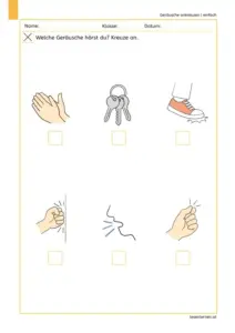 Arbeitsblatt „Welche Geräusche hörst du? Kreuze an.“ mit Bildern zu klatschen, Schlüssel klimpern, stampfen, klopfen, husten und schnipsen.