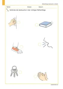 Arbeitsblatt „Verbinde die Geräusche in der richtigen Reihenfolge“ (einfach) mit Bildern zu klopfen, Buch zuklappen, stampfen, husten, Schlüssel klimpern und klatschen.