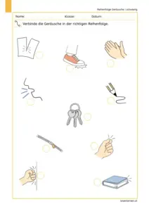 Arbeitsblatt „Verbinde die Geräusche in der richtigen Reihenfolge“ (schwierig) mit Bildern zu Papier reißen, stampfen, klatschen, husten, Stift schreiben, Schlüssel klimpern, Reißverschluss, schnipsen, klopfen und Buch zuklappen.