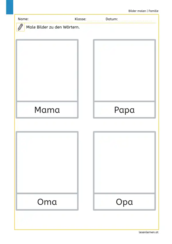 Arbeitsblatt zum Thema Familie: Bilder zu Mama, Papa, Oma und Opa selbst malen