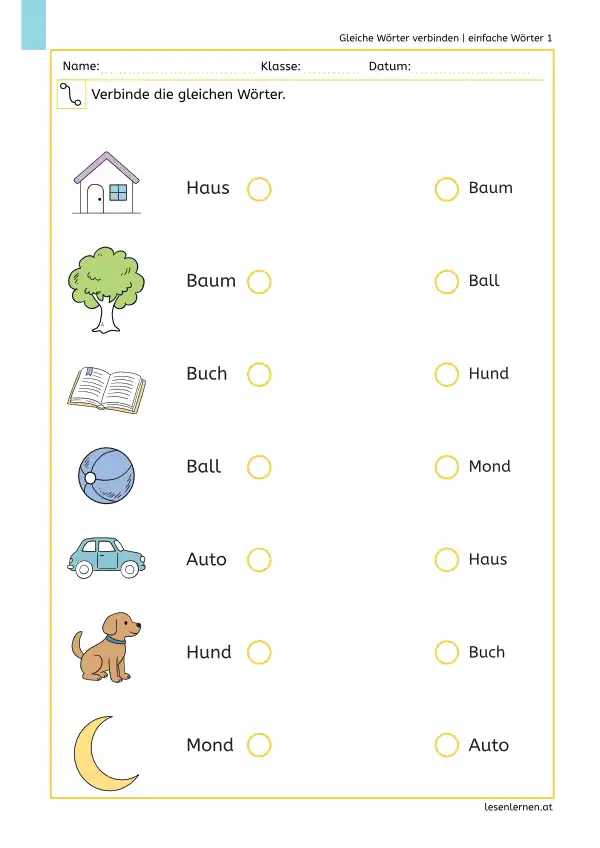 Arbeitsblatt mit einfachen Wörtern: Gleiche Wörter wie Haus, Baum, Buch, Ball, Auto, Hund und Mond verbinden