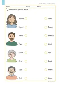 Arbeitsblatt zum Thema Familie: Gleiche Wörter wie Mama, Papa, Oma und Opa verbinden