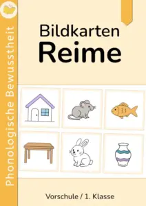 Alt-Text Cover Bildkarten zu Reimen für Vorschule und 1. Klasse mit Reimwörtern auf dem Cover.