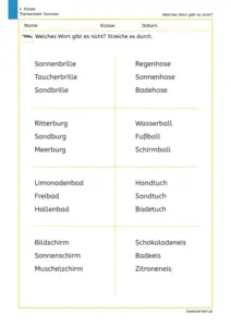 Arbeitsblatt für die 2. Klasse: Die Kinder lesen zusammengesetzte Sommer-Wörter und streichen in jeder Gruppe das Wort durch, das es nicht gibt.
